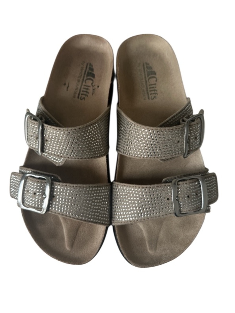 Cliffs by White Mountain rhinestone double-buckle slide sandals.